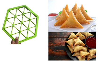 Green hexagonal pastry cutter with samosas and ketchup on a white plate.