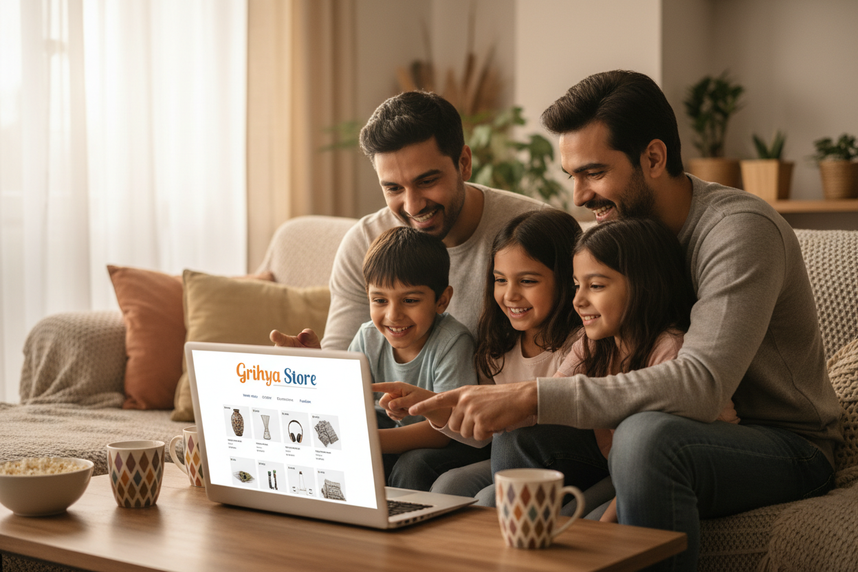A family do online shoping in  grihya store web site ,on laptop screen show Grihya store