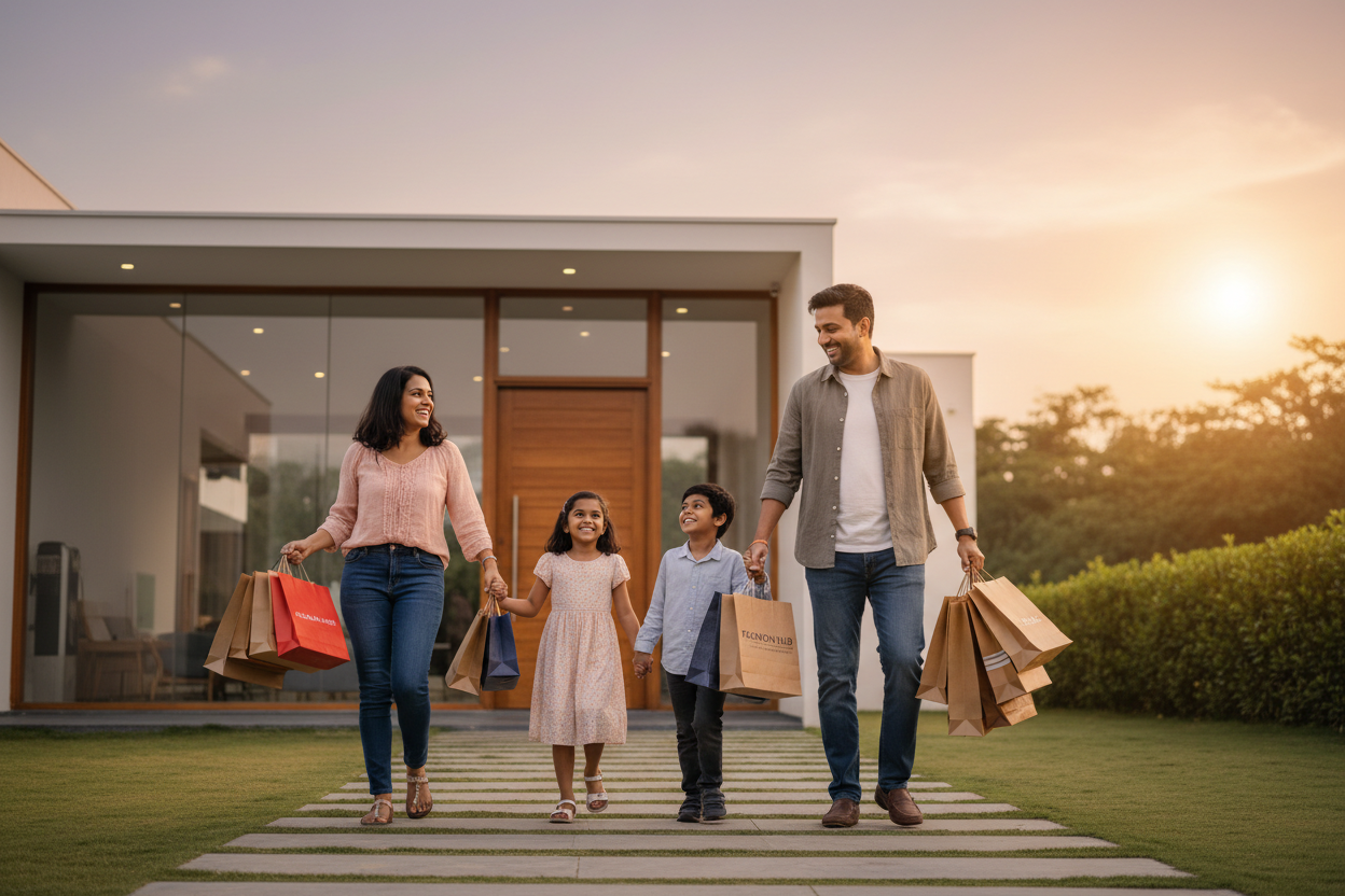 A smiling Indian family returning home with multiple shopping bags, sunlight glow, modern house entrance, joyful expressions, clean background, e-commerce banner style, wide-angle horizontal layout, high-resolution."