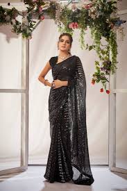 Premium Black Sequin Party Wear Saree